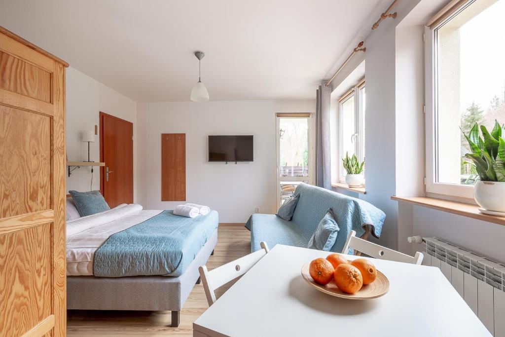 Jasne studio z łóżkiem w niebieskiej narzucie, kanapą, stołem z miską pomarańczy i oknami z roślinami