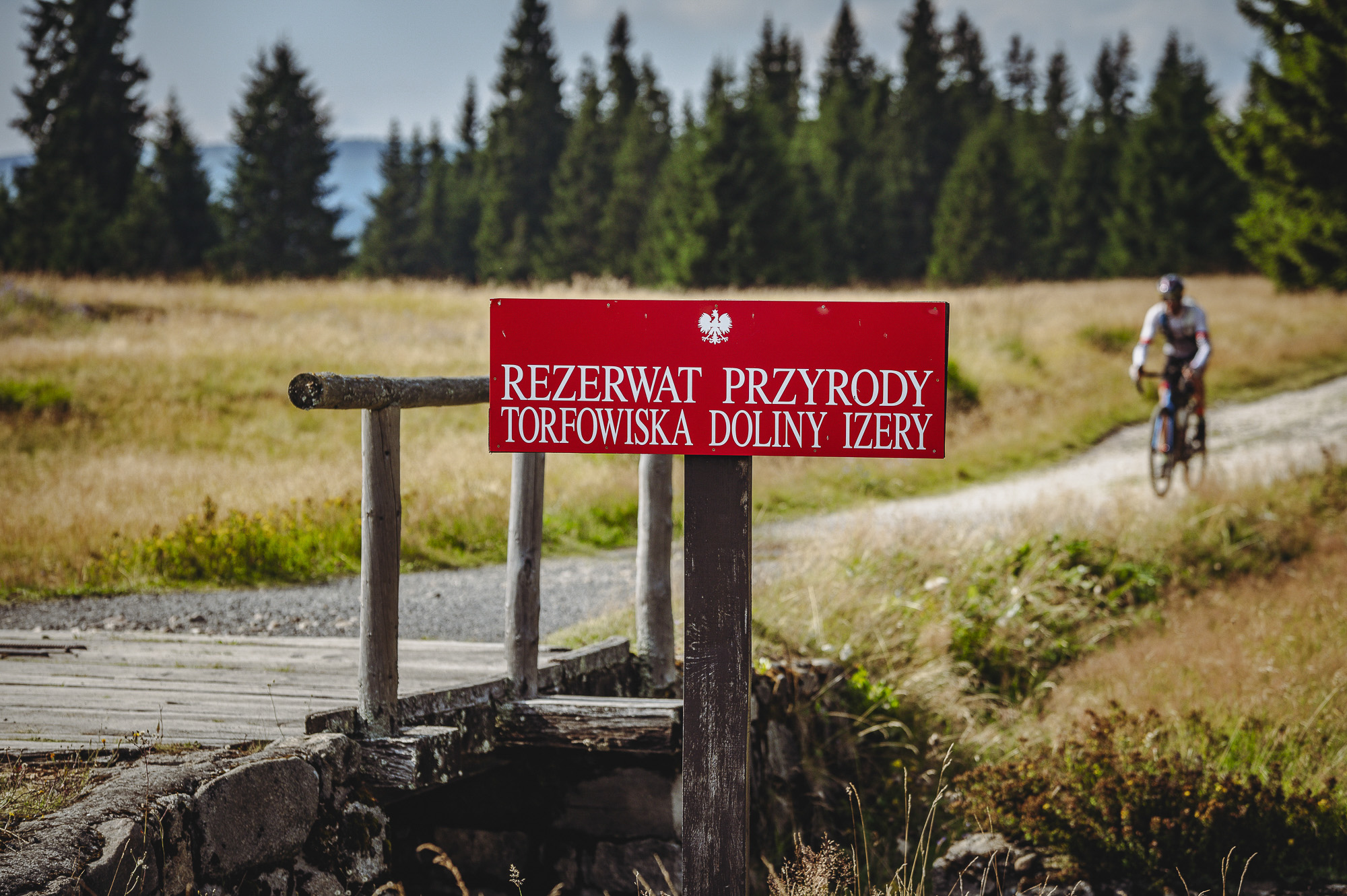Czerwony znak rezerwatu Torfowiska Doliny Izery na drewnianym słupie przy ścieżce, w tle rowerzysta